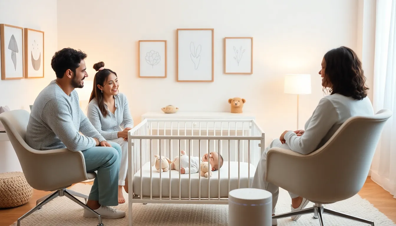 peaceful nursery with parents discussing soothing sounds for babies.