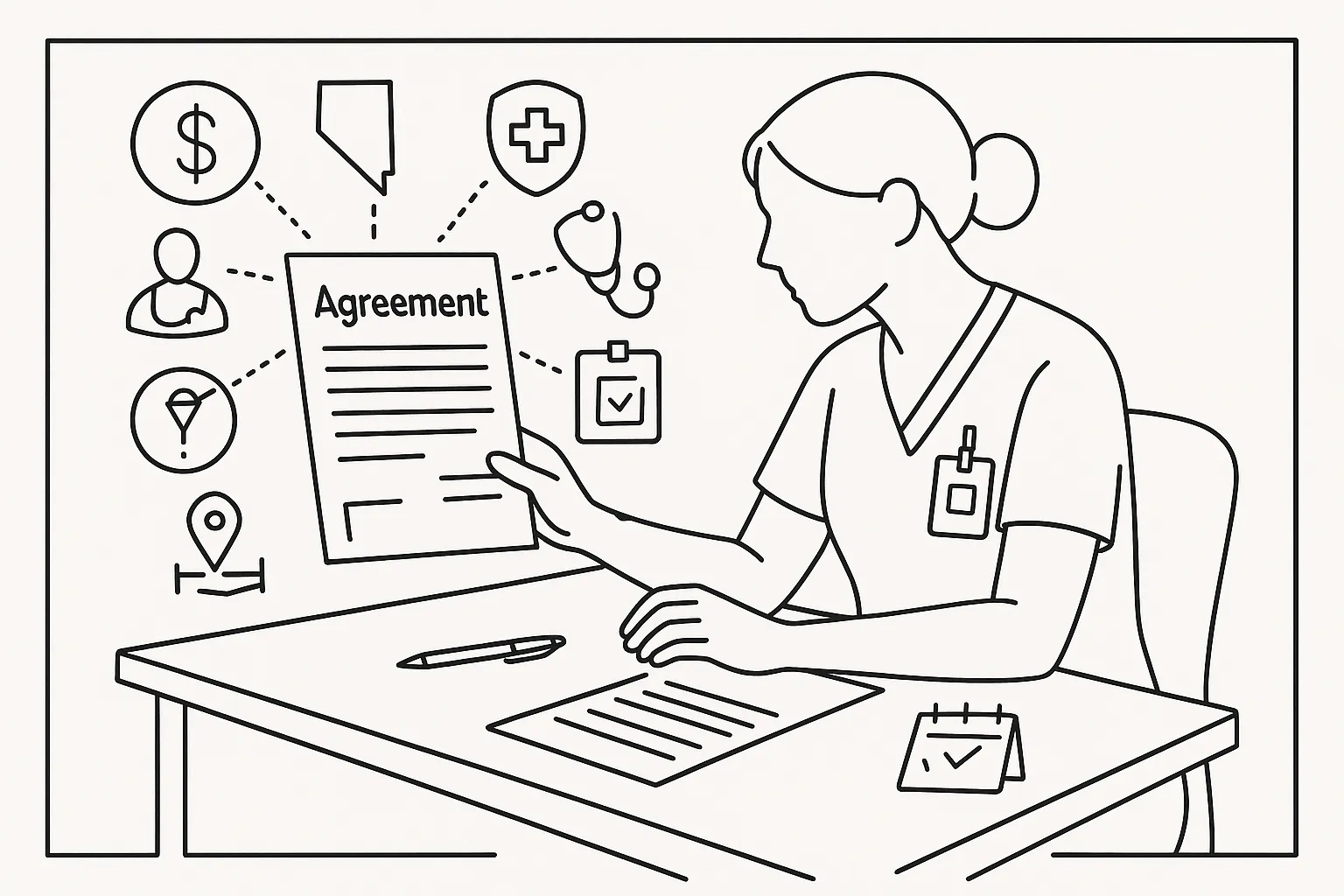Nurse practitioner reviewing a contract with six icons for key clauses.
