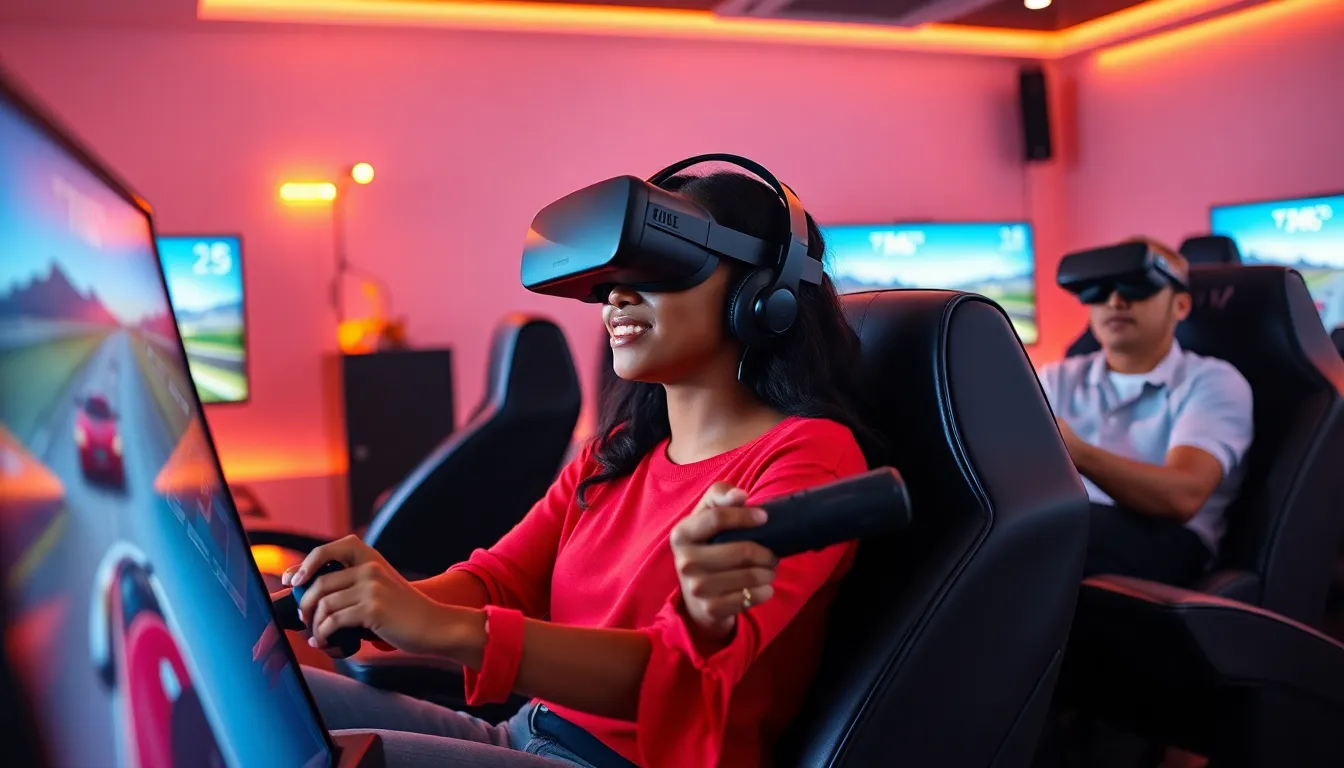 diverse gamers enjoying an immersive VR driving game experience.