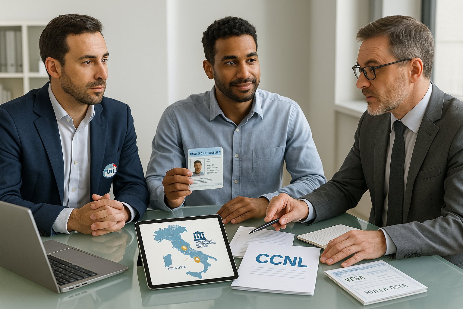 Lavoratore diversificato che consulta un rappresentante sindacale e un avvocato riguardo ai permessi e al CCNL.