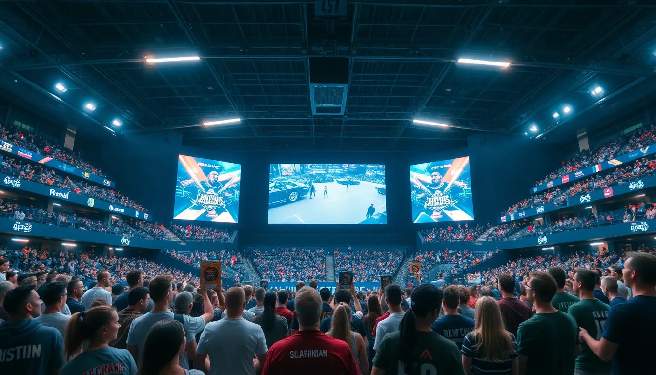 crowd at a vibrant esports stadium event in Arlington, Texas.