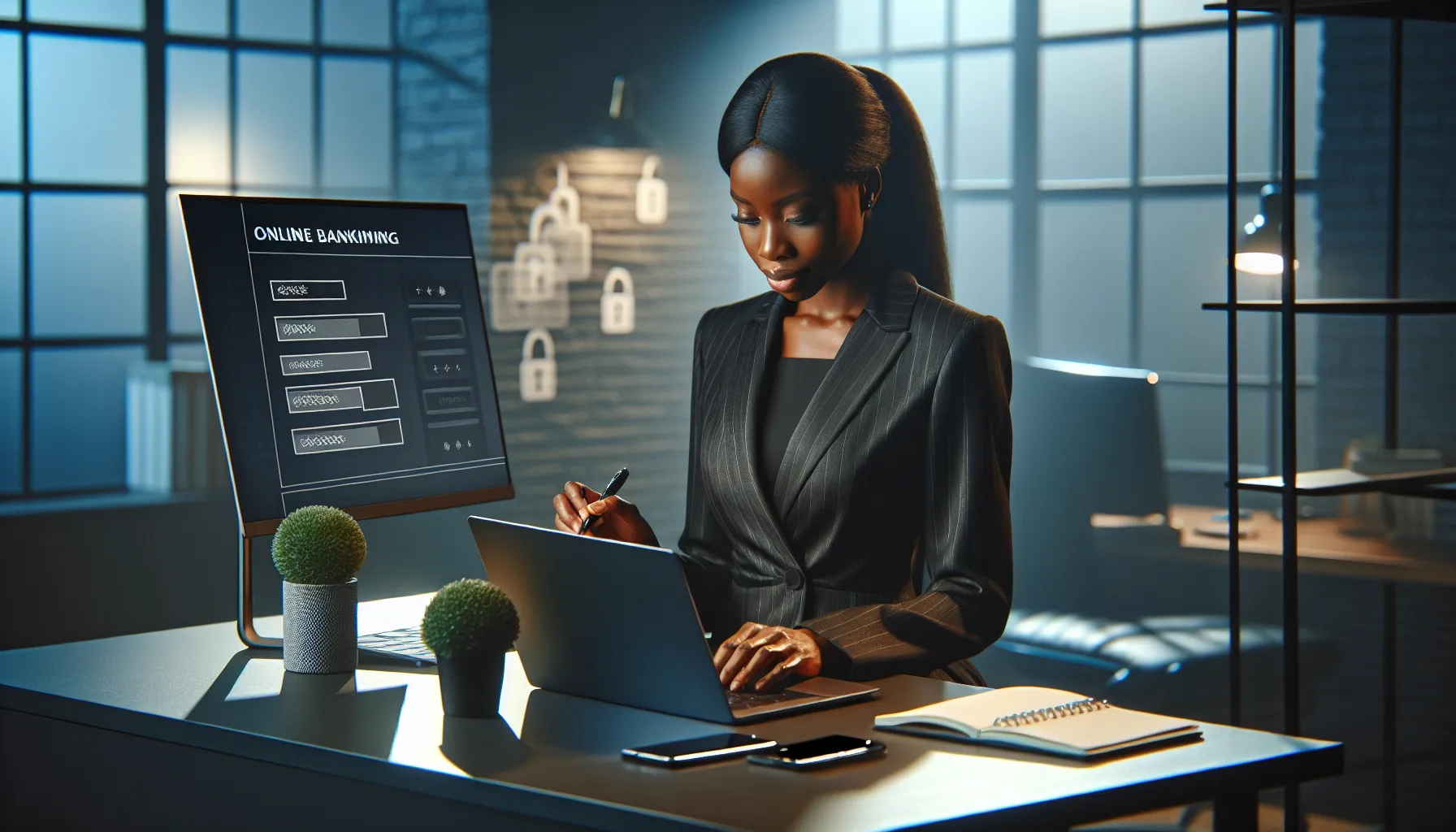 Professional logging into Gbanker Finance in a modern office setting.