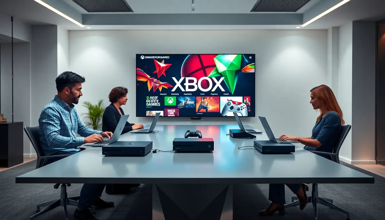 diverse team discussing Xbox articles in a modern office.