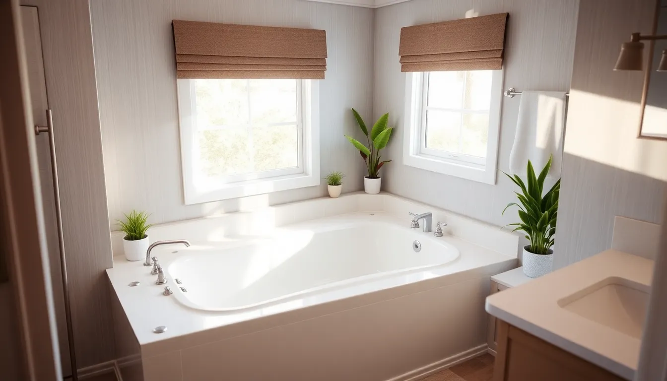 modern mobile home bathroom with a spacious garden tub.