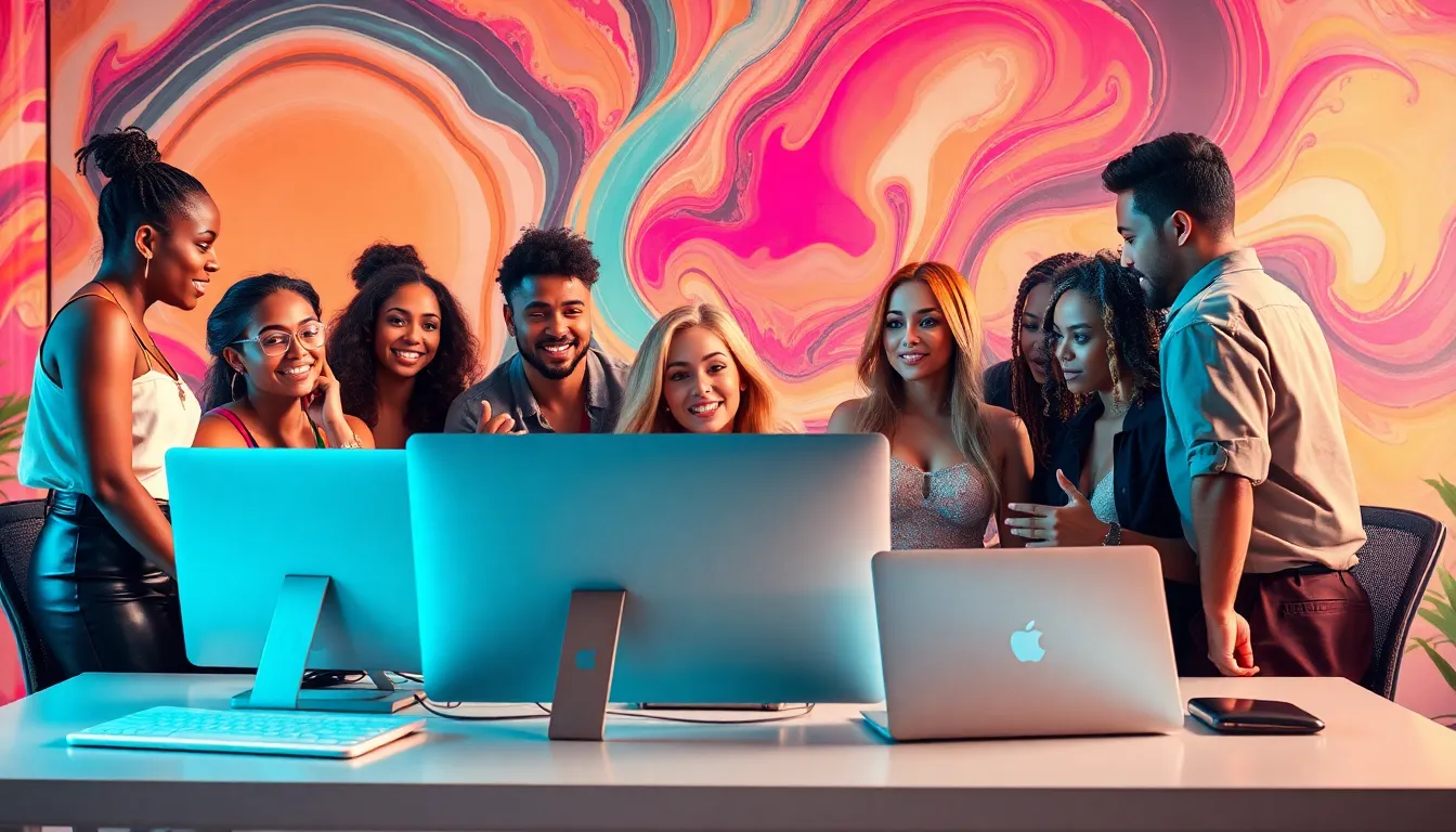 diverse group engaging in creative discussion in a modern workspace.