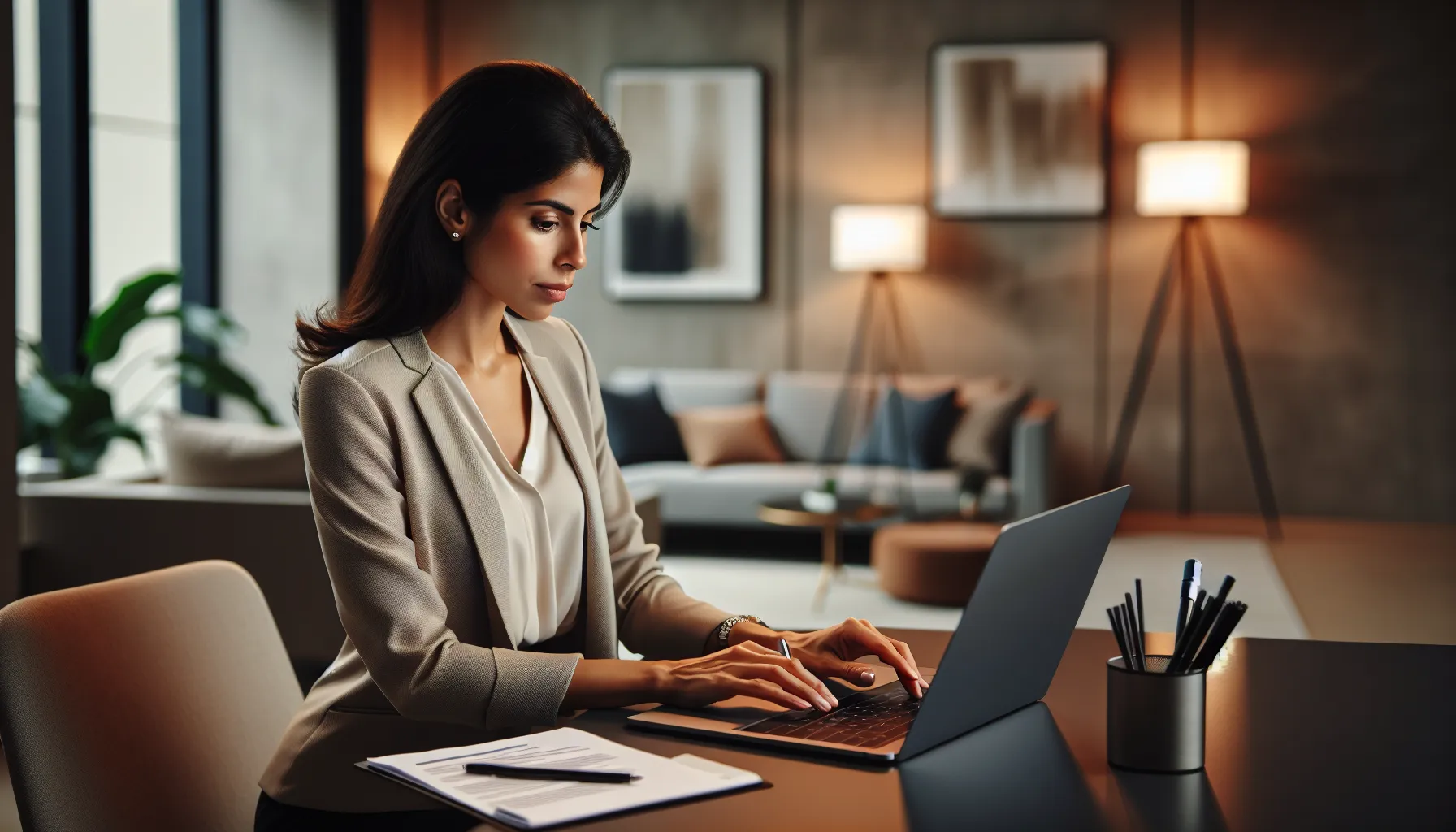professional woman composing an email in a modern office.