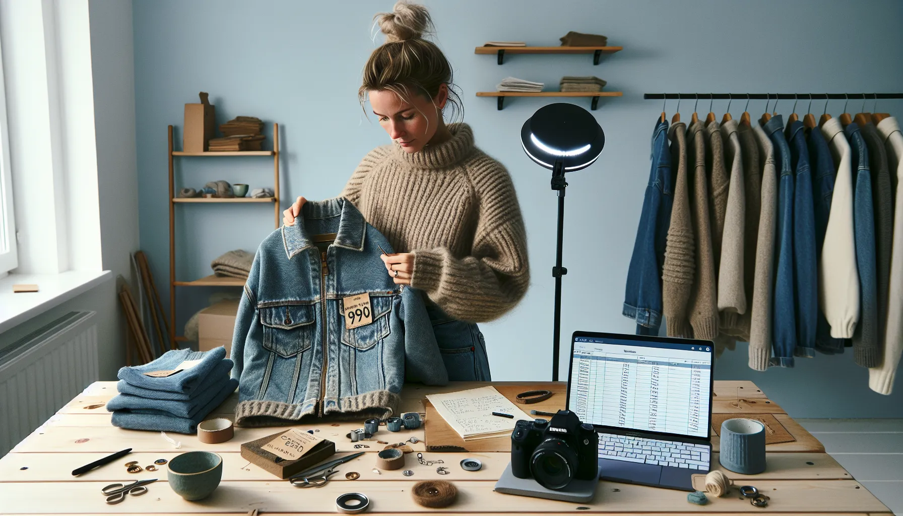 Norwegian vintage seller verifying a denim jacket label in a sunlit studio.