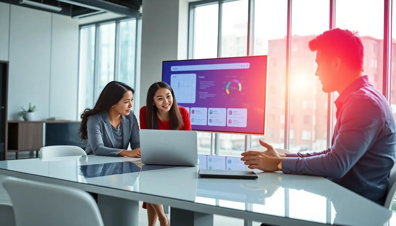 diverse team collaborating over software in a modern office.