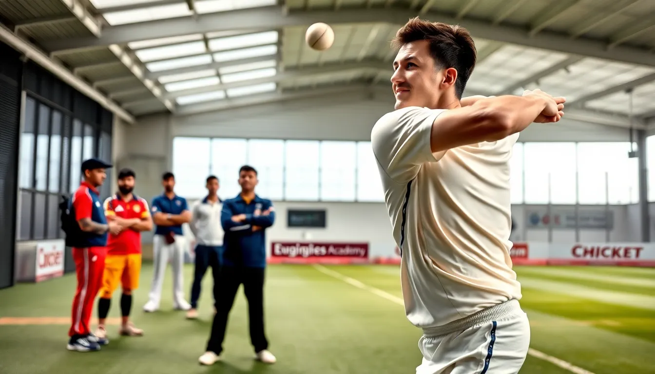 diverse cricketers practicing fast bowling techniques in a modern training facility.