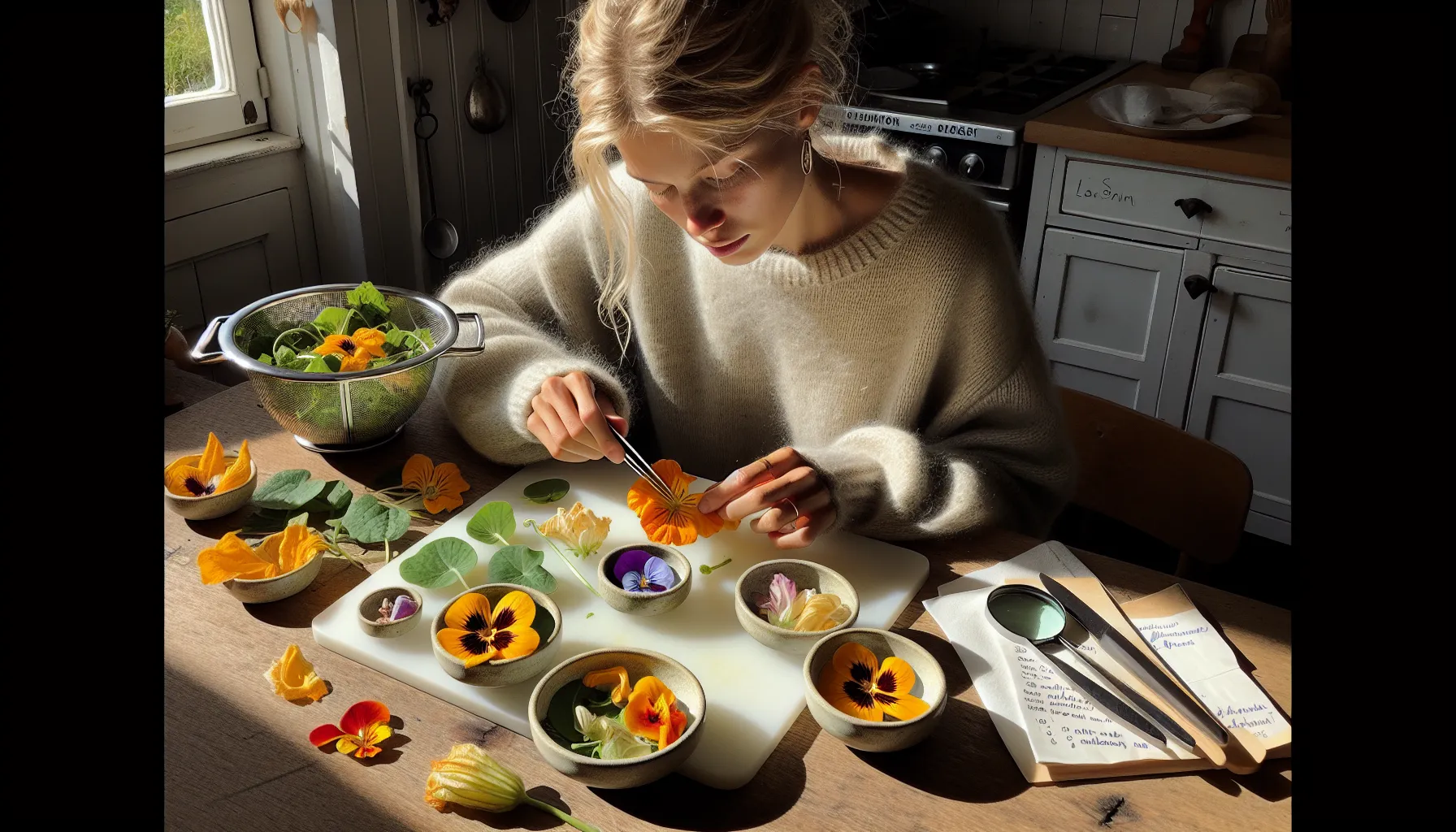 Norwegian home cook prepares edible flowers as a child watches in sunlight.