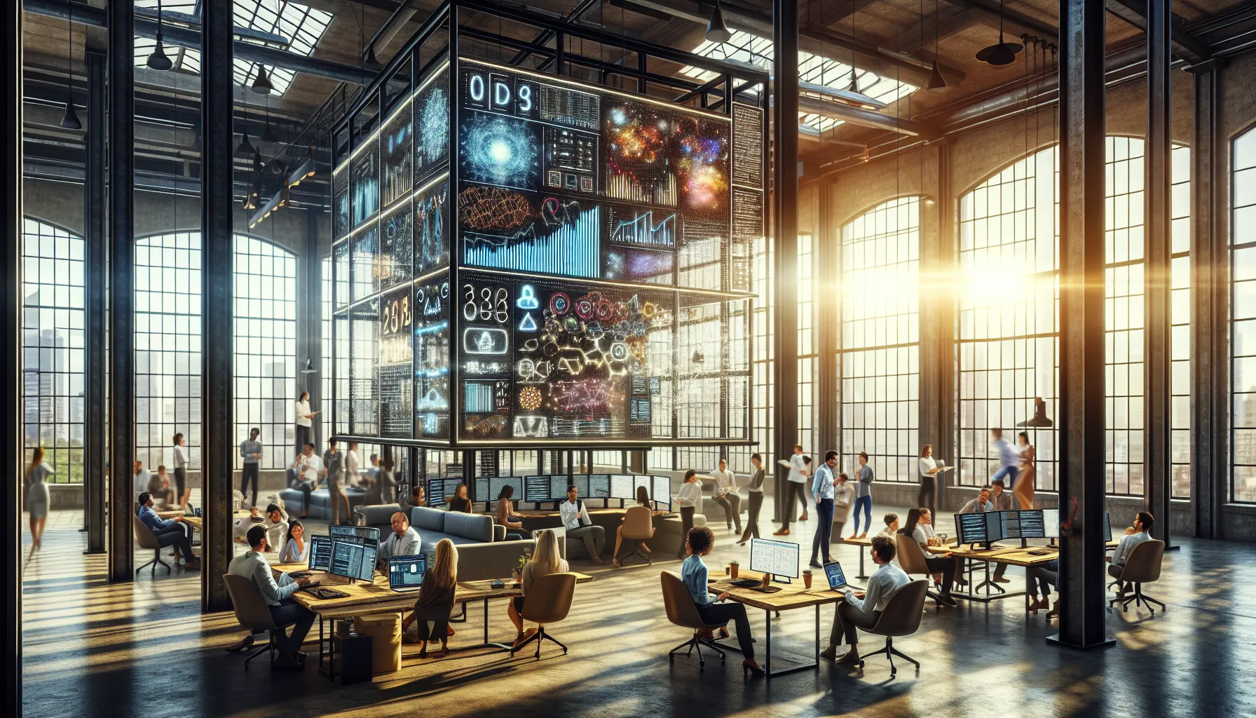 A collaborative workspace with scientists discussing machine learning algorithms on a digital screen.