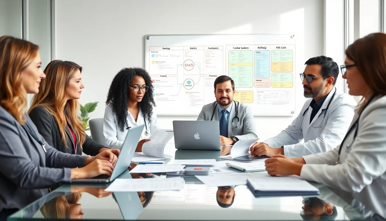 healthcare professionals collaborating on coding and billing in a modern office.