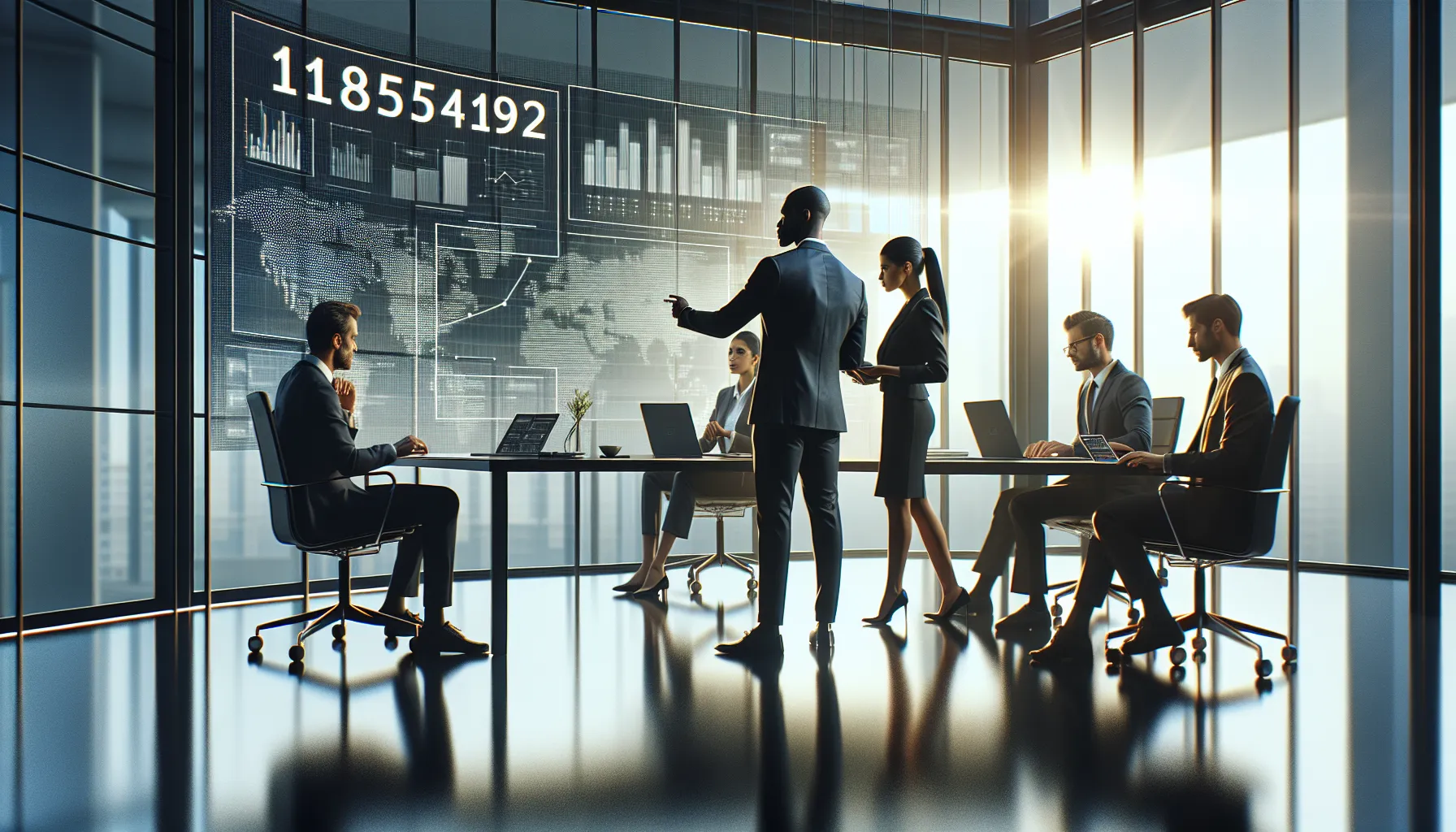 professionals discussing data analytics in a modern office.