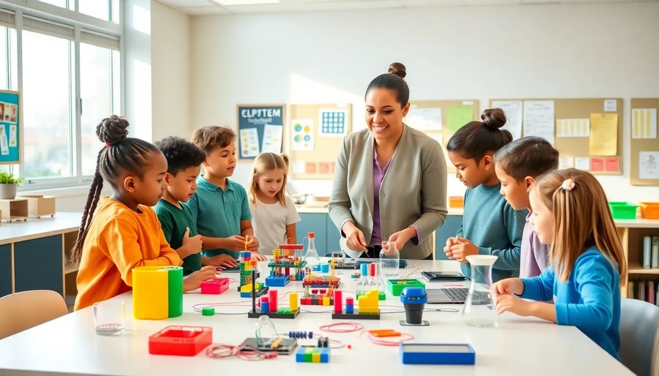 diverse students engaged in STEM activities in a bright classroom.