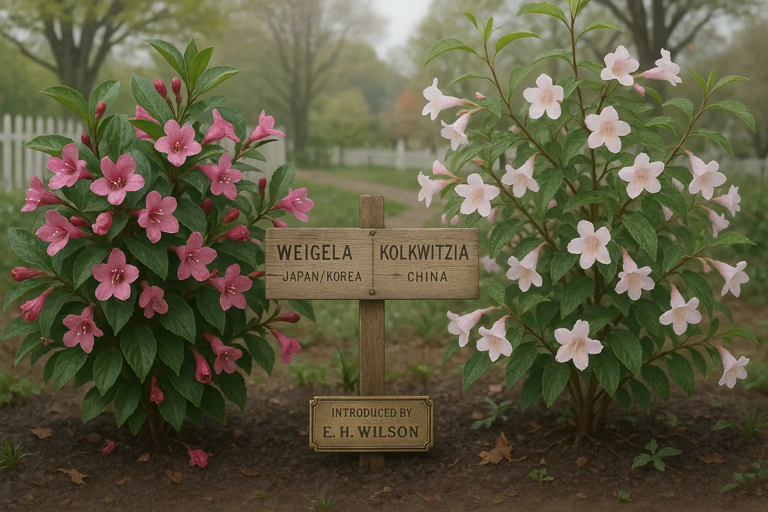 Weigela and Kolkwitzia shrubs in flower side-by-side in a temperate cottage garden.