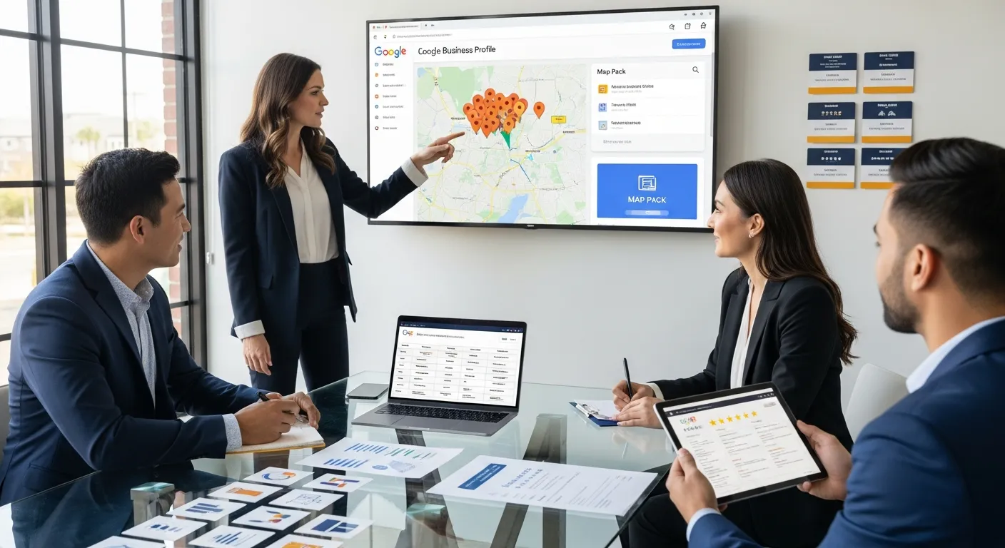 Marketing team optimizing Google Business Profile and local SEO with map and listings.