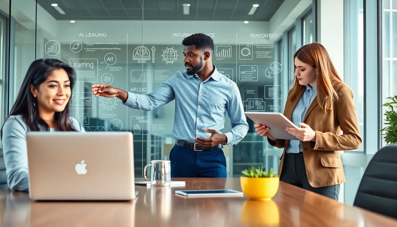 diverse team discussing artificial intelligence concepts in a modern office.