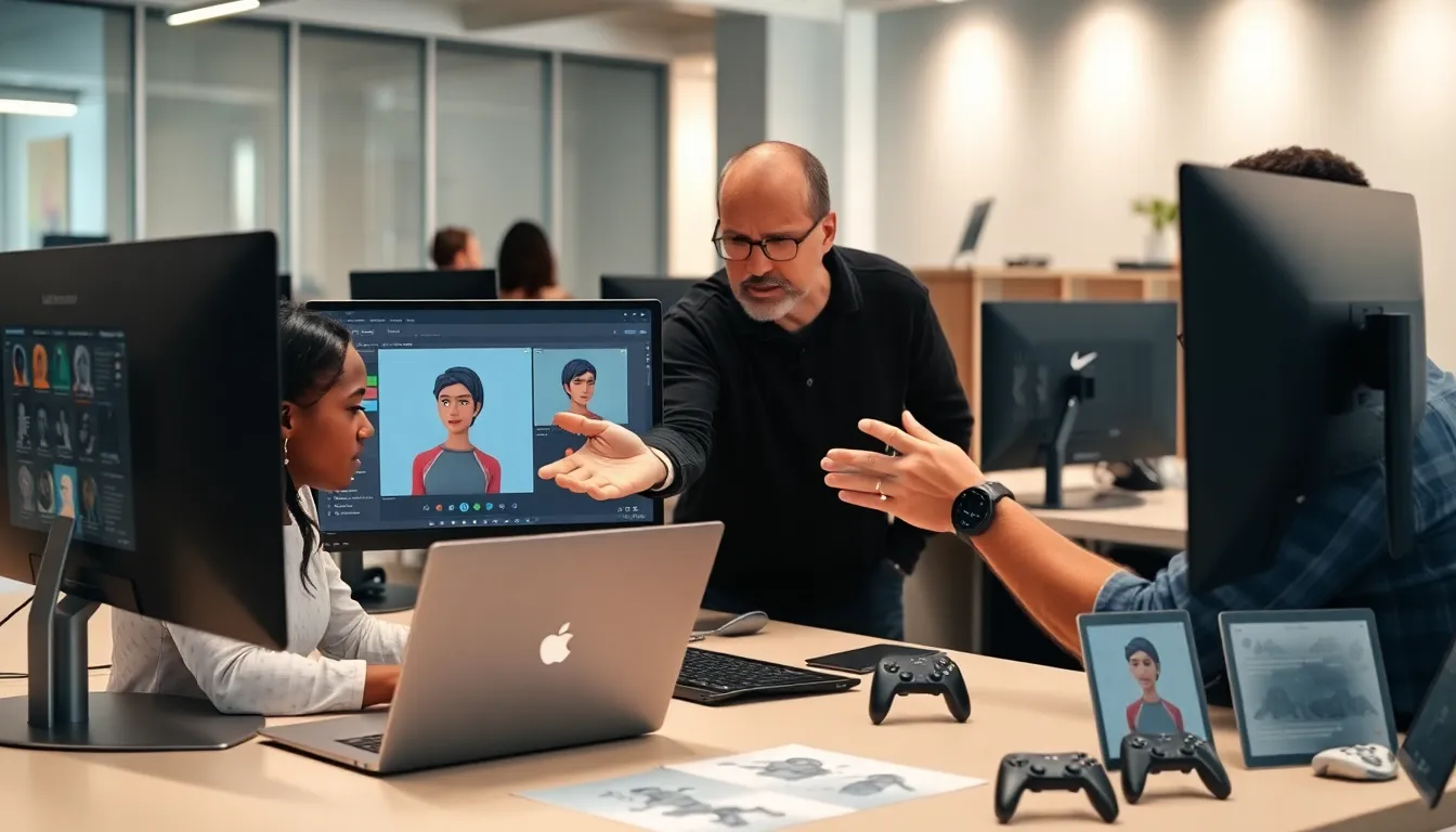 diverse game developers collaborating using Ck2Generator in a modern office.