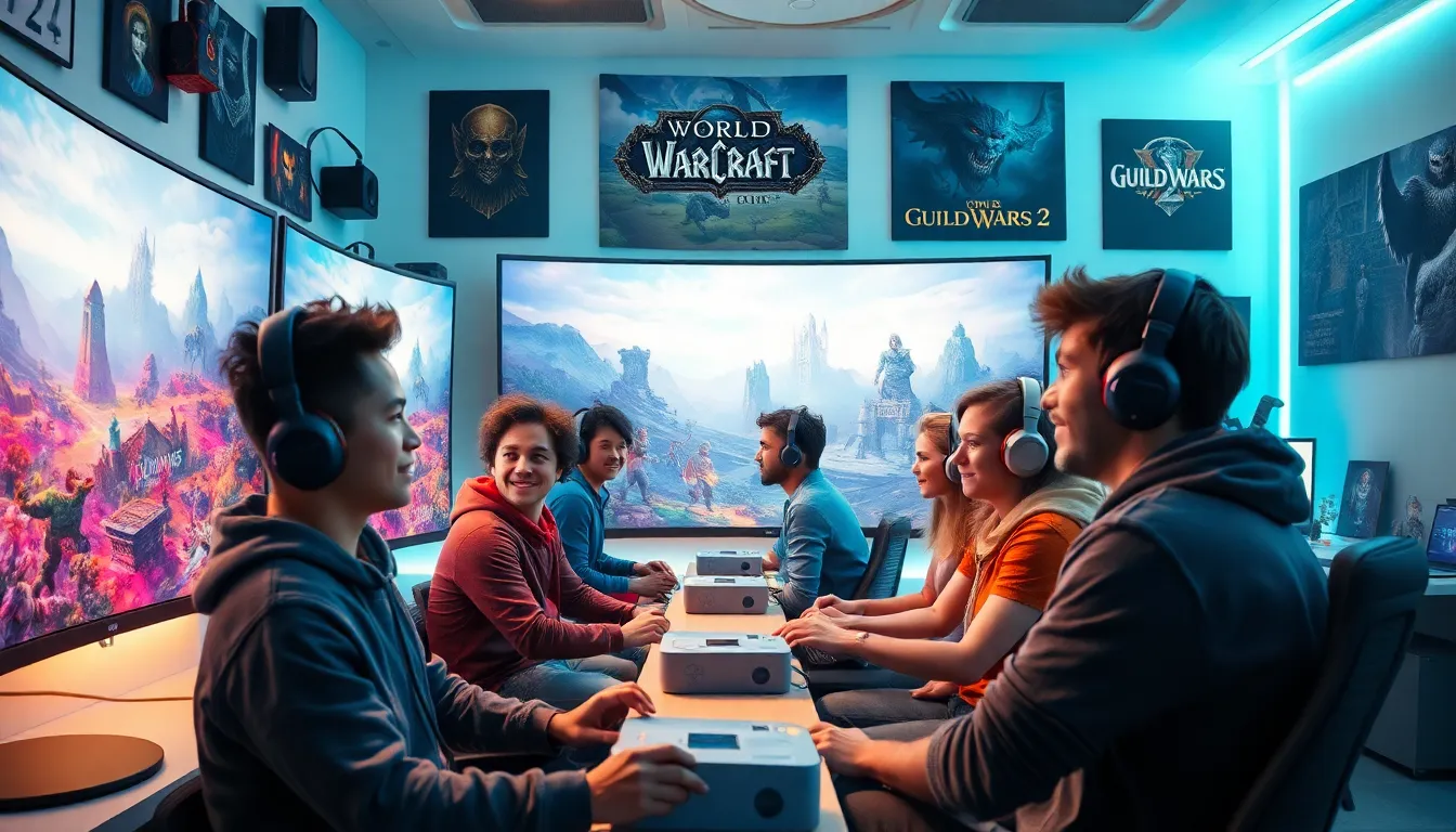 diverse gamers immersed in MMORPG gameplay in a modern gaming room.