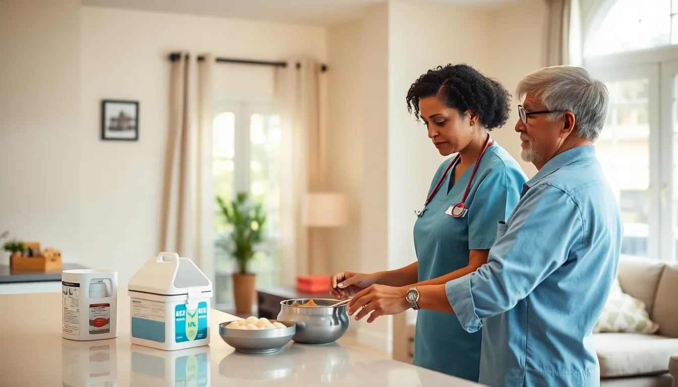 Caregiver assisting an elderly man in a warm home environment.
