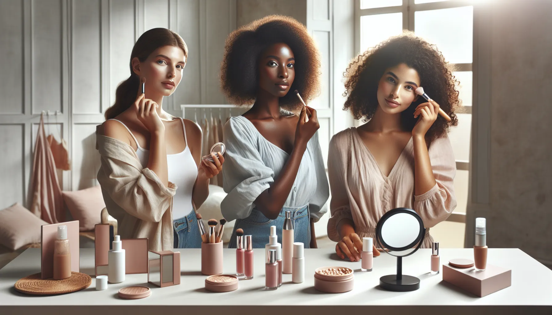 diverse women applying natural makeup in a bright beauty studio.
