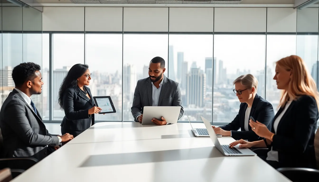 diverse team discussing technology in a modern office.