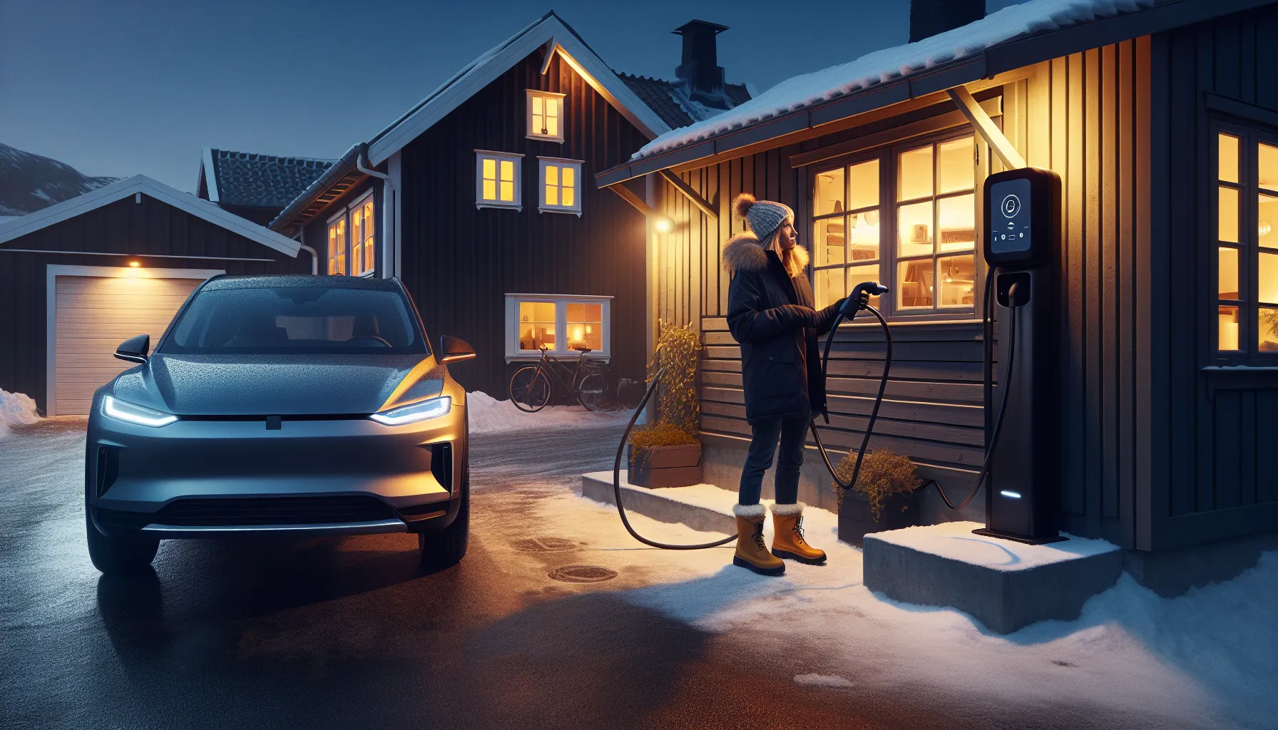 Hvordan lade elbilen din mest effektivt hjemme 2 Homeowner plugs an electric car into a wall charger in norway.