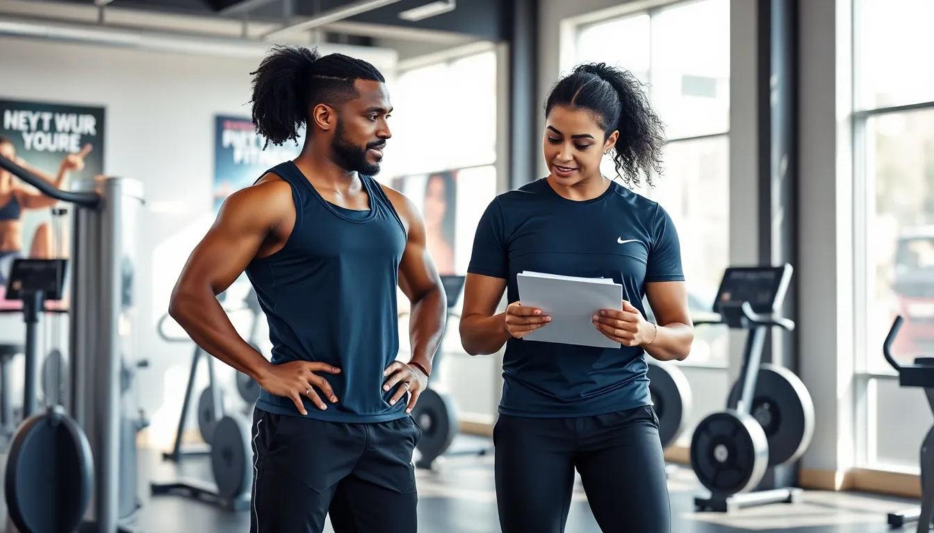 personal trainer helping client in a modern gym.