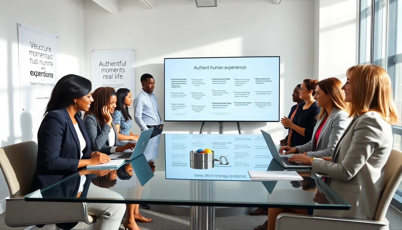 diverse team discussing the principles of LiveAMomentOrg in a modern conference room.