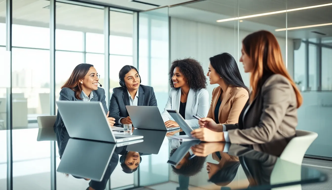 diverse team engaging in a conference call in a modern office.