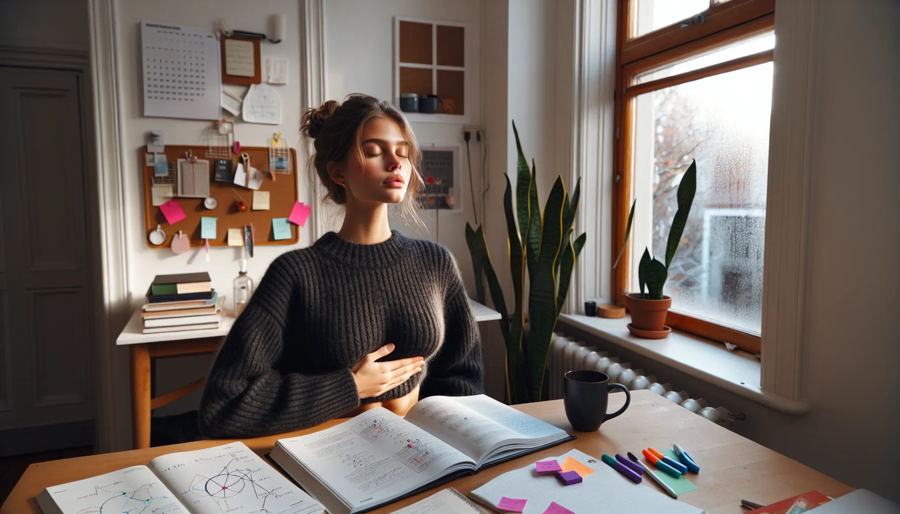 Norwegian student practicing mindful breathing at a study desk before exams.