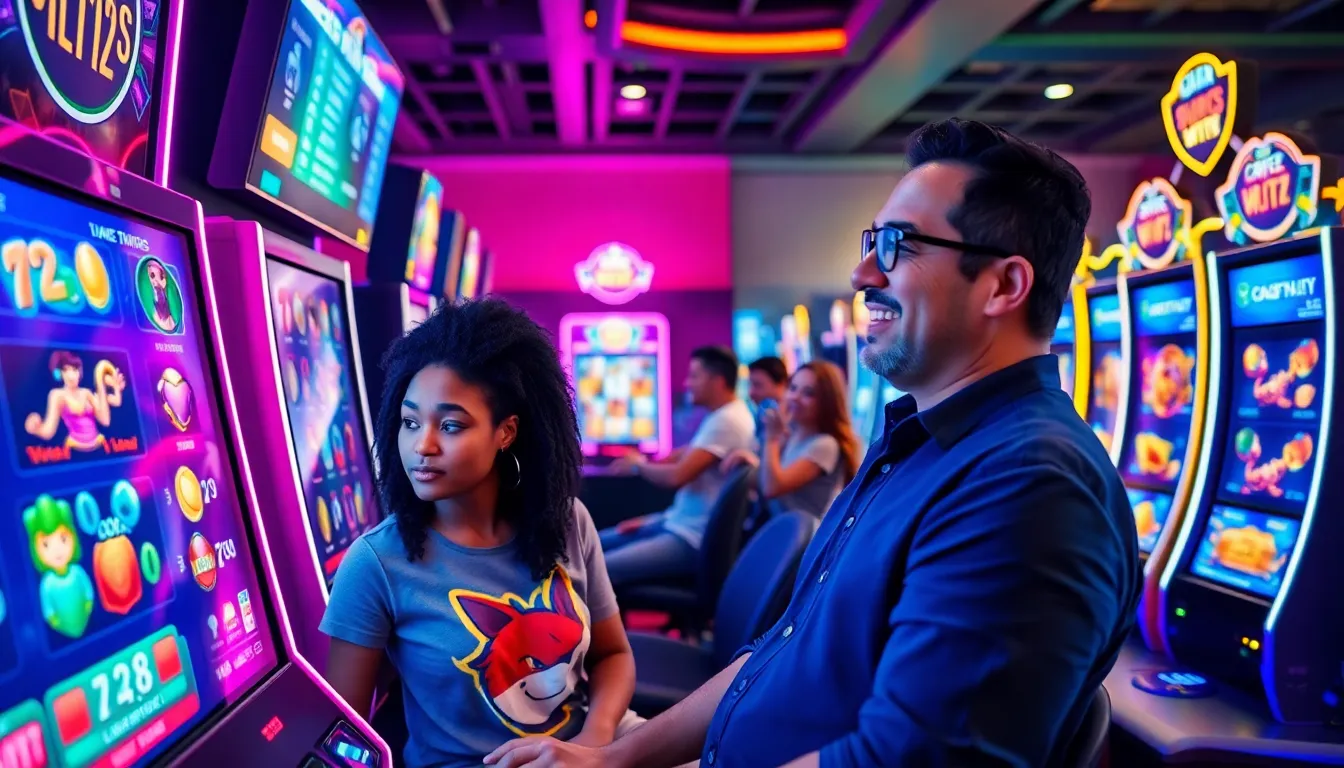 gamers enjoying online slot games in a lively gaming lounge.