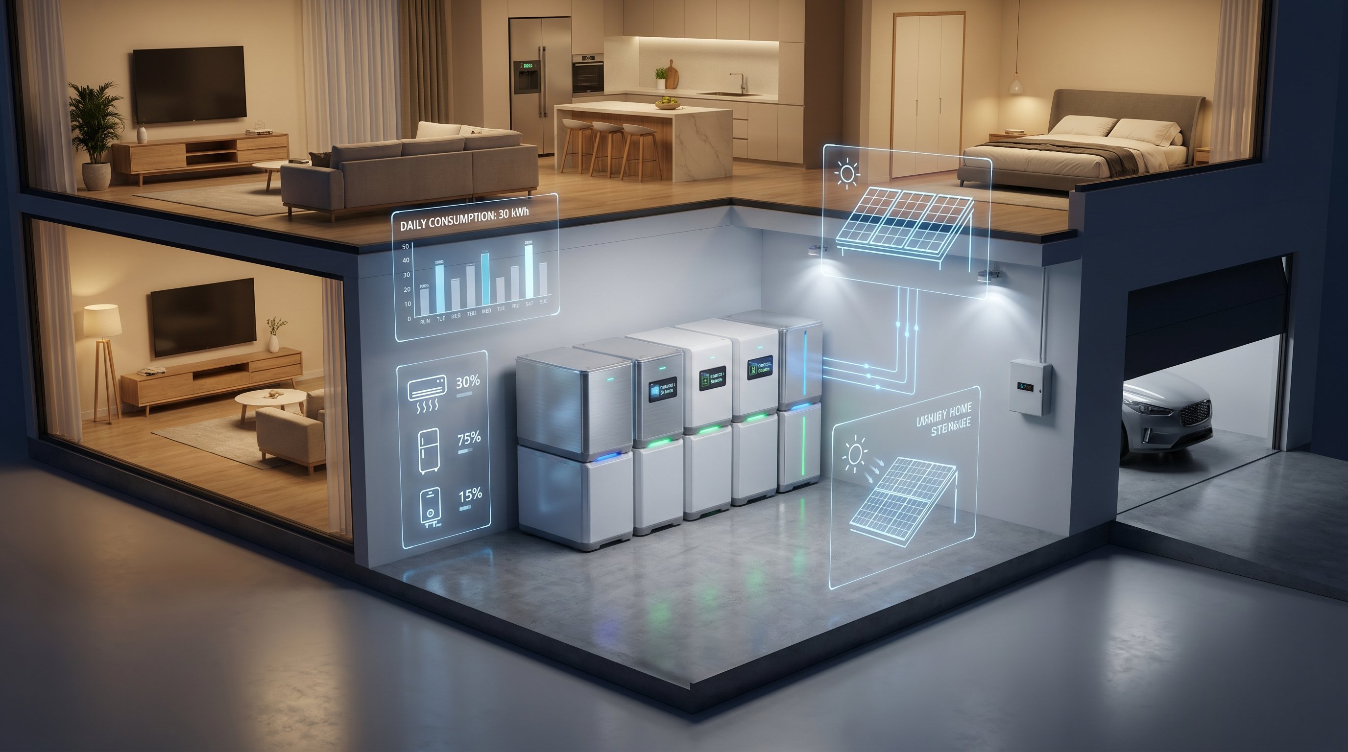 3D render of modular home power storage system with energy consumption data overlays.