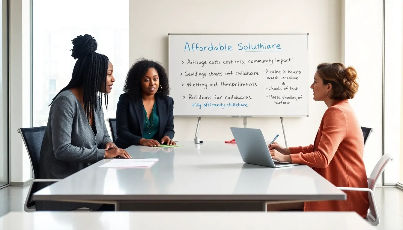 professionals discussing affordable childcare solutions in a modern office.