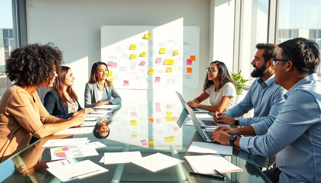 diverse professionals brainstorming in a bright office.