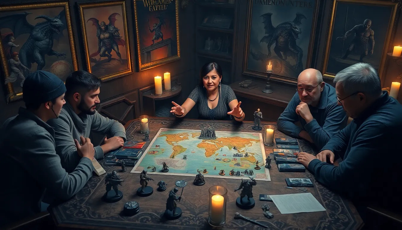 players strategizing over Warhammer miniatures and maps in a dimly lit room.