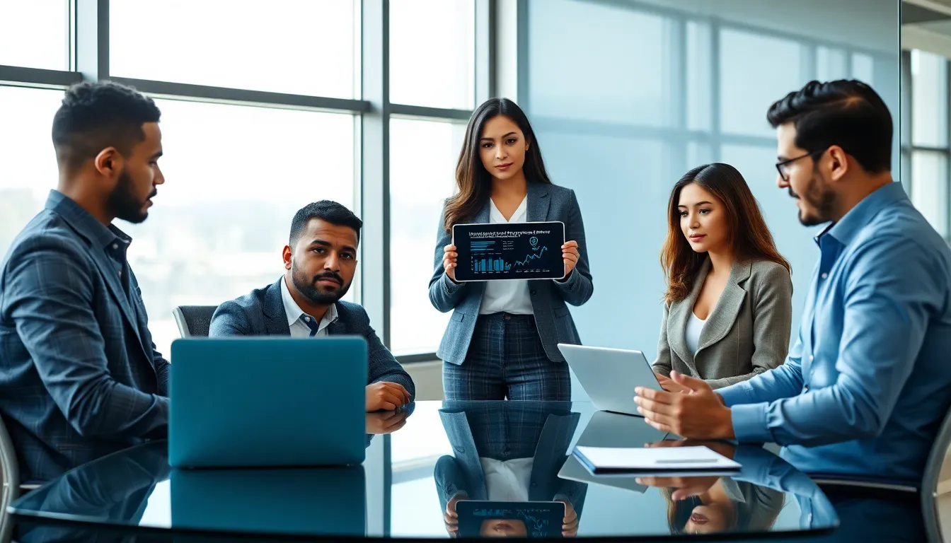 diverse team discussing Bitclassic features in a modern office.