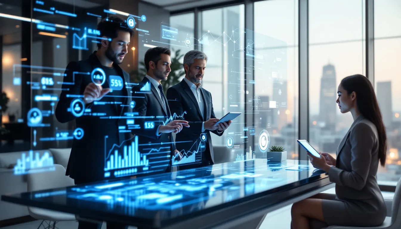 Diverse banking professionals collaborating with AI analytics in a modern corporate office.