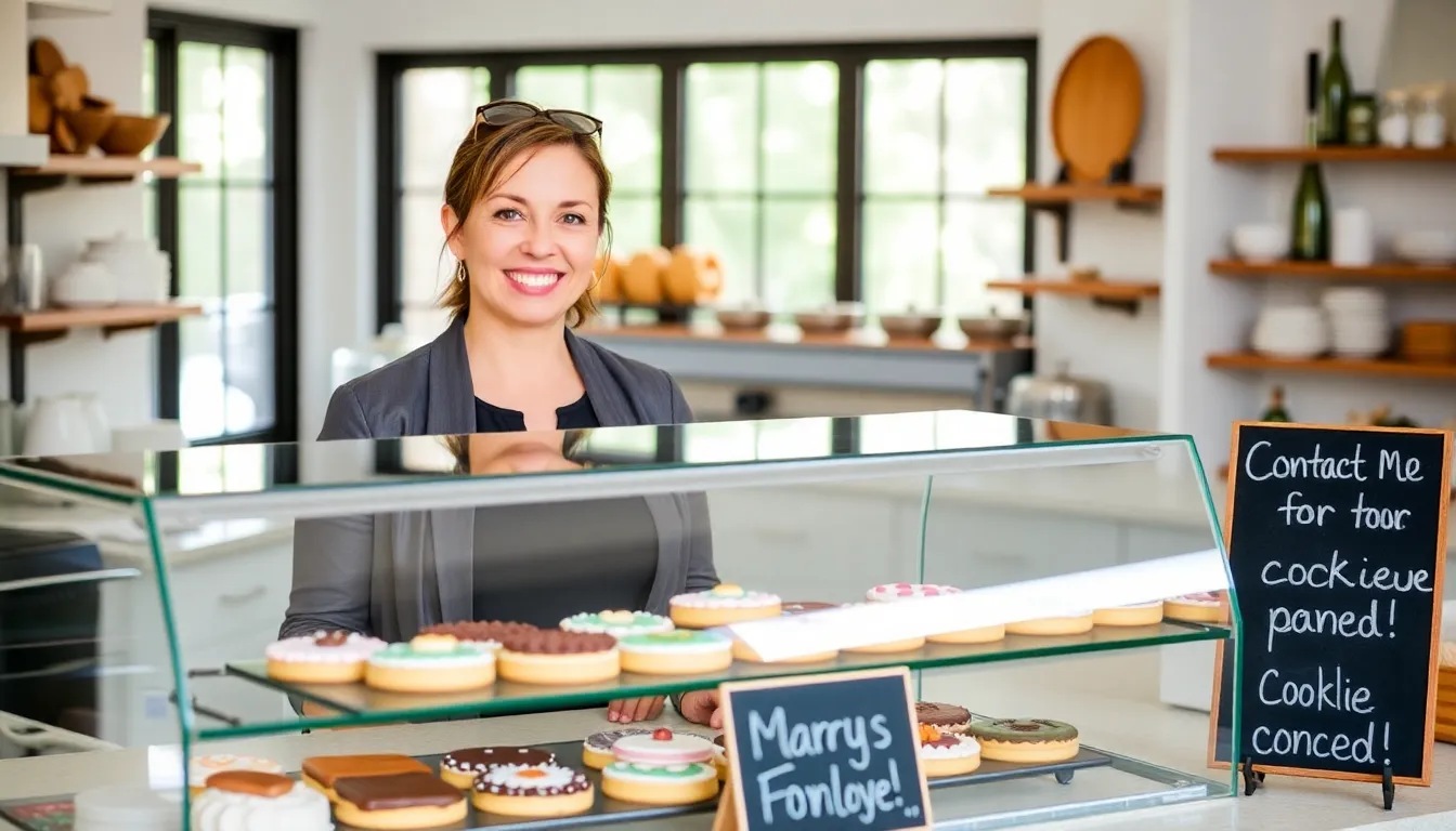 Mary presenting cookies in a modern bakery setting.