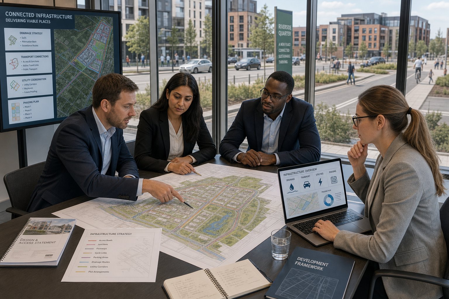 Property development team reviewing infrastructure plans in a modern UK office.
