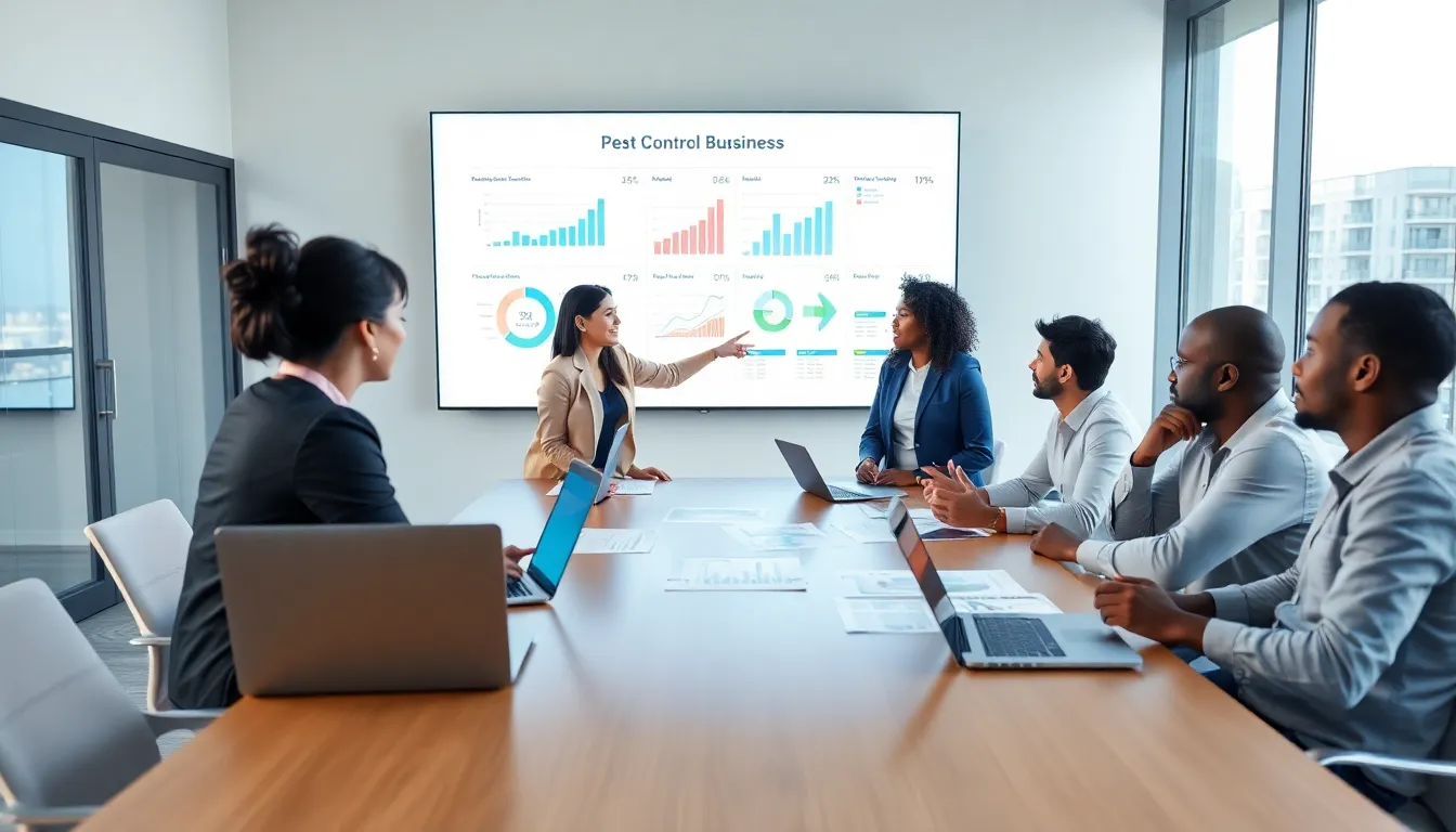diverse team discussing pest control business strategies in a modern office.