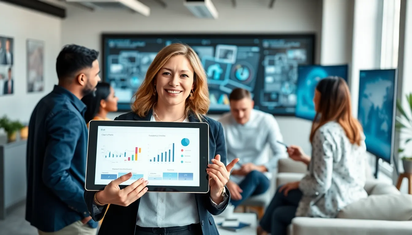 Stacy Klinger presenting innovative technology in a modern office setting.