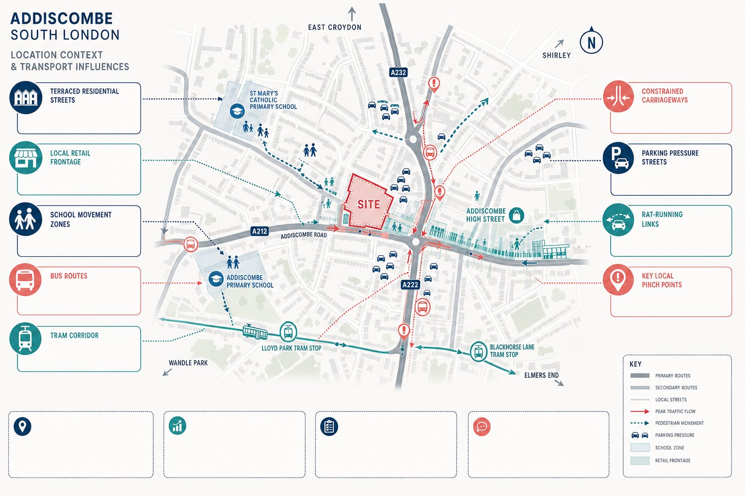 Infographic map showing local traffic pressures and transport context in Addiscombe.