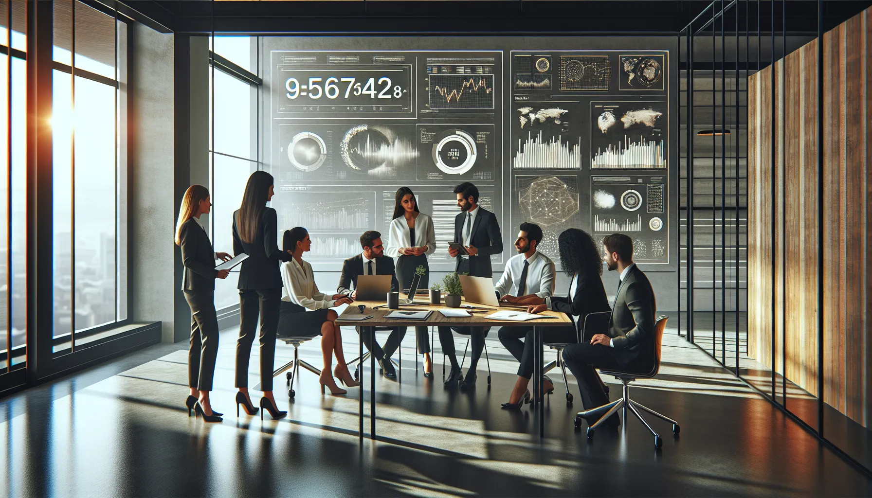 diverse team discussing a number in a modern office.