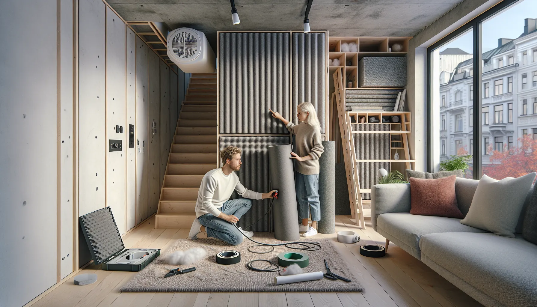 Couple installing rug and acoustic materials in a modern norwegian living room.
