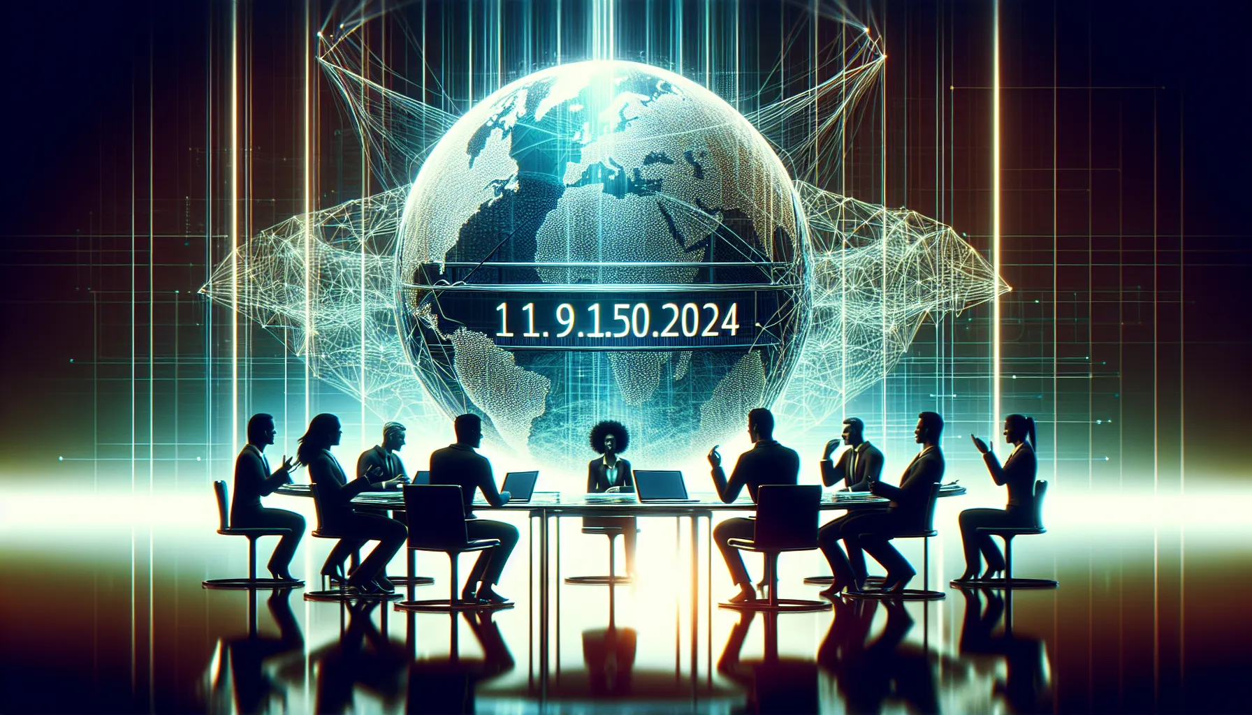 professionals discussing networking around a digital globe.