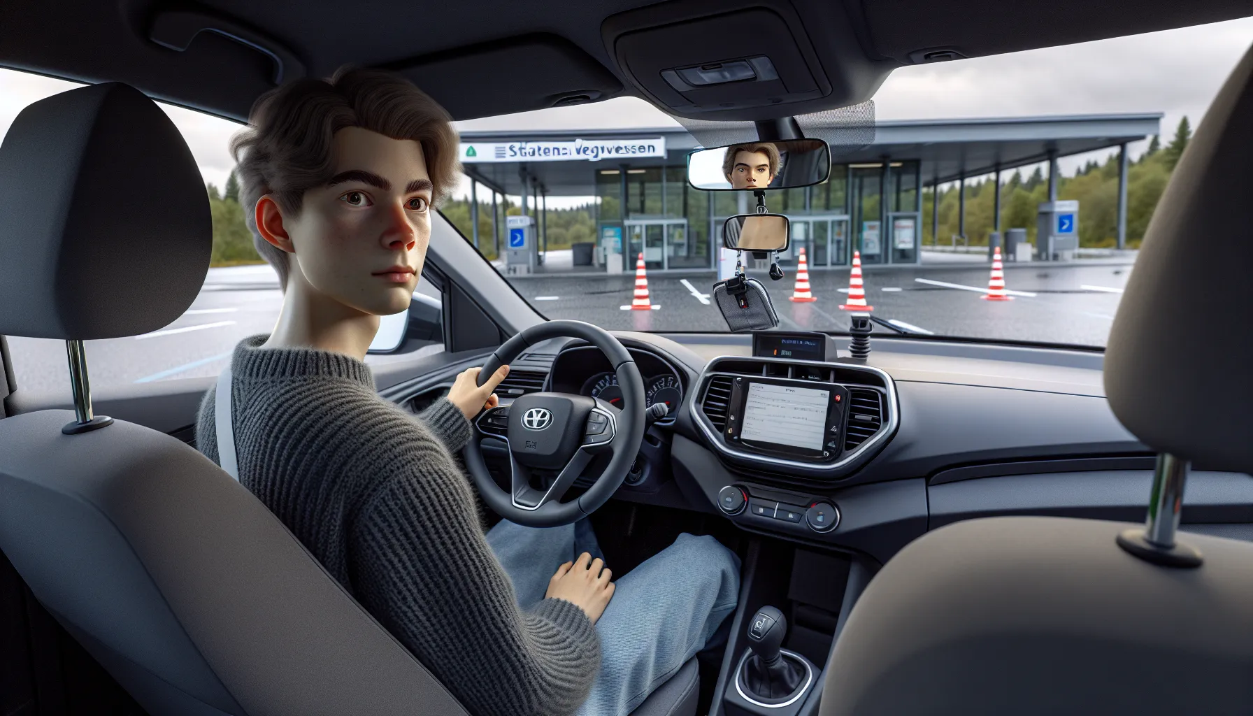 Teen learner drives with supervisor near statens vegvesen practice area in norway.