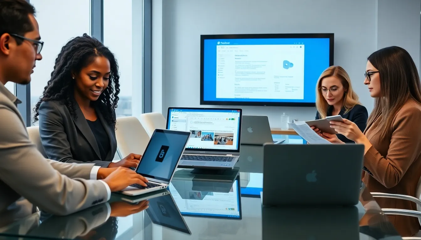 professionals using Outlook in a modern office setting.