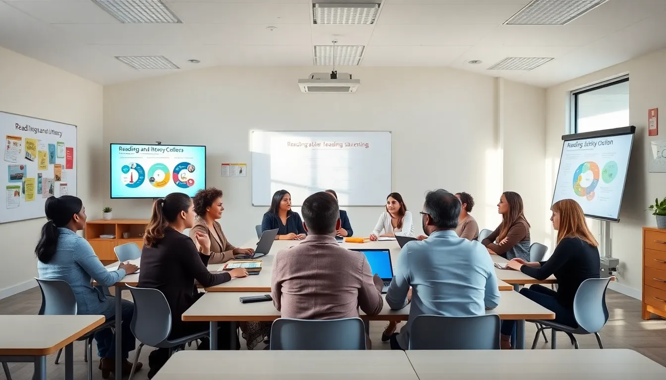 diverse educators collaborating in a modern classroom on literacy initiatives.