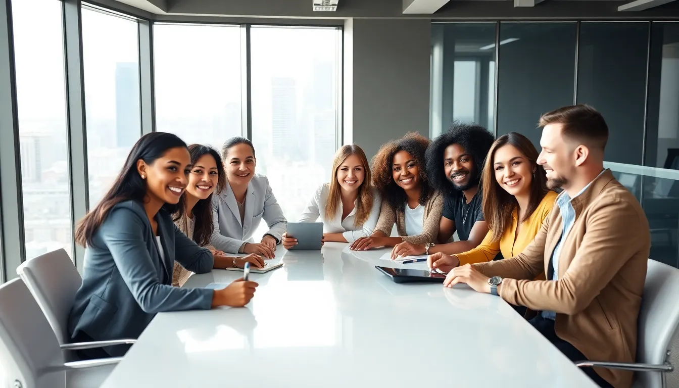 diverse professionals collaborating in a modern office setting.